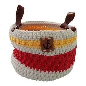 Handmade Crochet Storage Basket Nautical Anchor Leather Handles Red Yellow